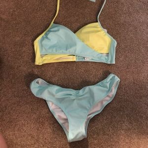 Neon yellow and teal cheeky bikini set